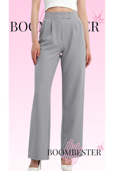 BoomBester Γκρι Velcro Crepe Fabric Palazzo Γυναικείο Παντελόνι - Vintage Φαρ...