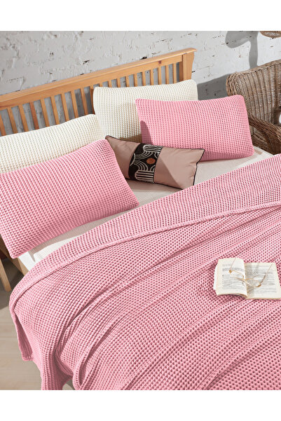 destinyhometex Pembe %100 Pamuk Waffle Çift Kişilik Saçaksız Yatak Örtüsü 220x240/2 Adet Yastık Kılıfı 50x70cm