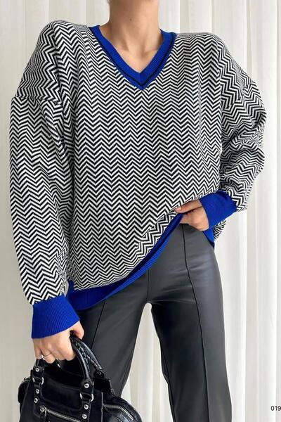 Deafox Πλεκτό πουλόβερ με μακρύ μανίκι Saks μπλε γιακά με λεπτομέρεια μανσέτας