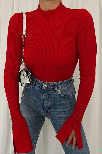 Deafox Red Sleeve Button Detailed Half Fishing Knitwear Sweater