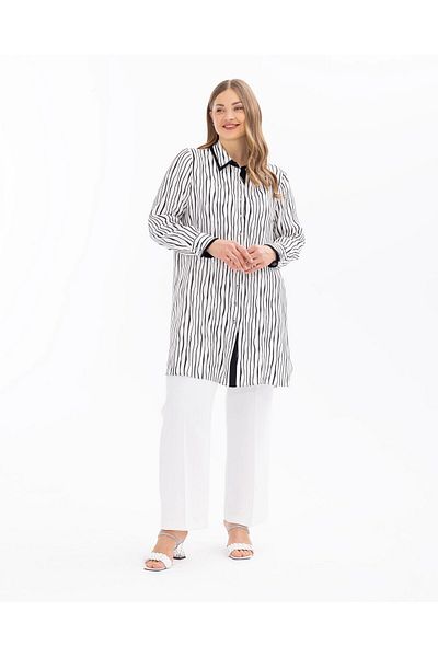 Gala-Xi Shirt Collar Plus Size Print Long Sleeve Ecru Women's Tunic 10002411214003