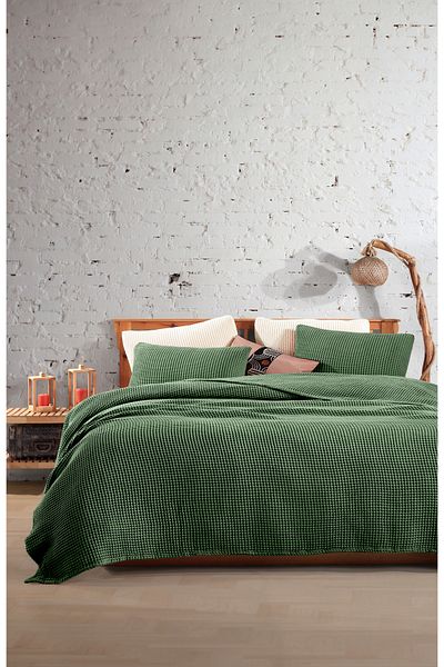 destinyhometex Forest Green 100% Cotton Waffle Double Bedspread Without Fringe 220X240/2 Pillowcases 50X70Cm