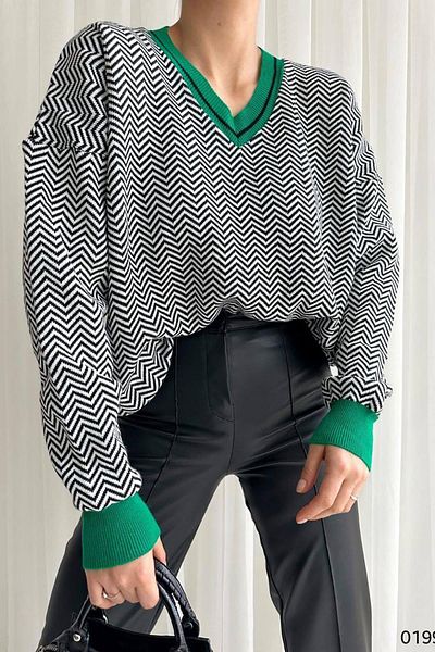 Deafox Grüner Strickpullover mit V-Ausschnitt, Zickzack-Muster und langen Ärmeln, Kragen und Manschettendetail