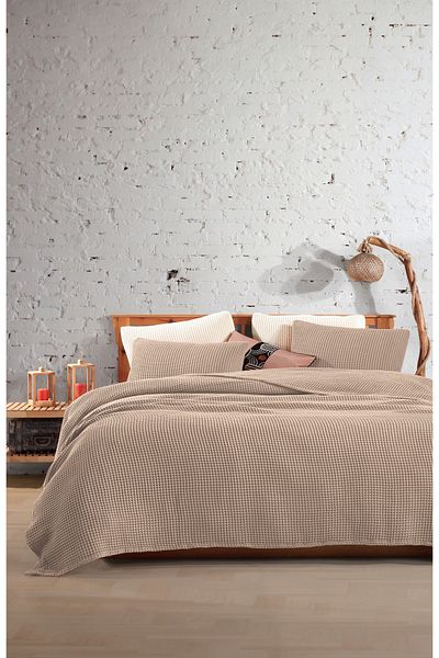 destinyhometex Stone Color 100% Cotton Waffle Double Bedspread Without Fringe 220X240/2 Pillowcases 50X70Cm