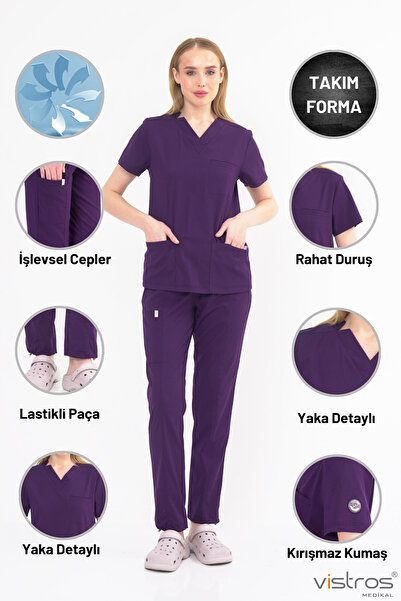 Vistros Medikal Unisex Doktor Hemşire Forması Medikal Forma Cerrahi Takım Likralı Kumaş(Alt-Üst) V-014