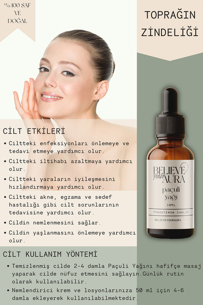 Believe Your Aura زيت الباتشولي المضاد للشيخوخة - نقي وطبيعي 100%، للعناية بالبشرة والشعر، زيت الباتشولي - 10 مل