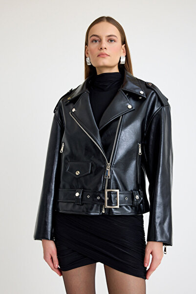 TARA COŞKUNTUNCEL Siyah Uzun Deri Biker Ceket