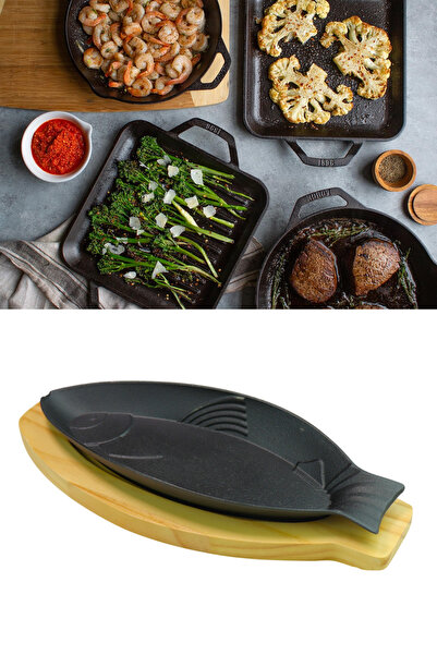 Evren Cast Iron Fish Pan 30X12 cm and Wooden Serving Presentation Base