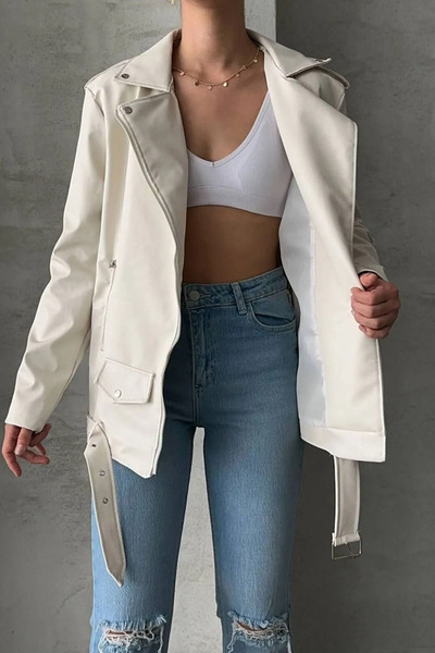 Swana Jachetă de piele oversize albă pentru femei de sezon nou - haină cu cur...