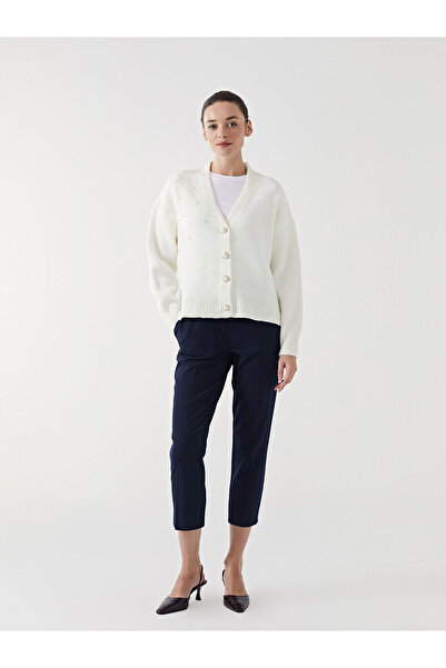 LC Waikiki Lcw Modest Ecru V-Neck Shiny Stone Printed Women's Knitwear Cardigan