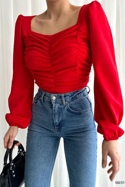 Deafox Rote Bluse mit langen Ärmeln aus Crêpe-Stoff mit drapiertem Detail vorne