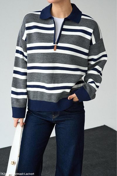 Lupies Women's Anthracite-Navy Blue Zip-Up Soft Textured Knitwear Sweater