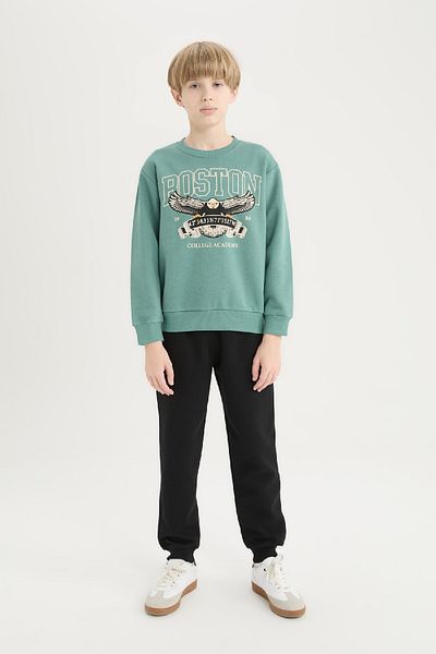DeFacto 2-Piece Suit with Crew Neck Printed Thick Sweatshirt and Elastic Waist Sweatpants for Boy - D4743A824Wn