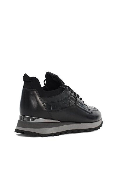 Celal Gültekin Erkek Siyah Kroko Bağcıklı Kalın Tabanlı Deri Sneaker