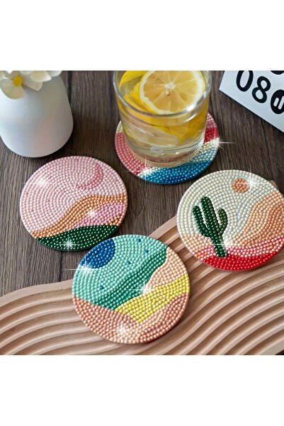 JACA 6 Parça Elmas Mozaik Boyama Bardak Altlığı Seti Pastel Bitki Temalı Hobi...