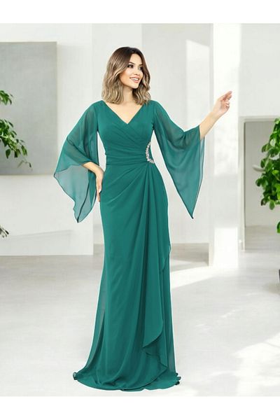 FaBe Fashion White Chiffon Wedding Engagement Promise and Outside Shooting Dress with Long Shawl Sleeves V-Neck Waist Stone Accessories