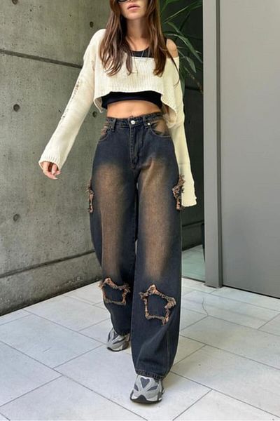 Karakedi Street Style Dark Navy Blue Star Washed φαρδύ τζιν παντελόνι