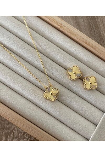 ANGELSS JEWELLERY Gold Kolye ve Küpe Seti (Yonca Model Gold Çelik Kolye Küpe ...