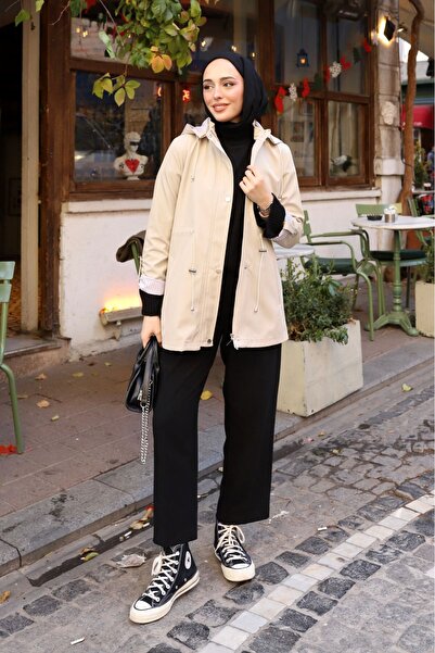 ALNİSS COLLECTİON Kolu Katlama Detaylı Çıkarılabilir Kapşonlu İçi Çizgili Kısa Trenç