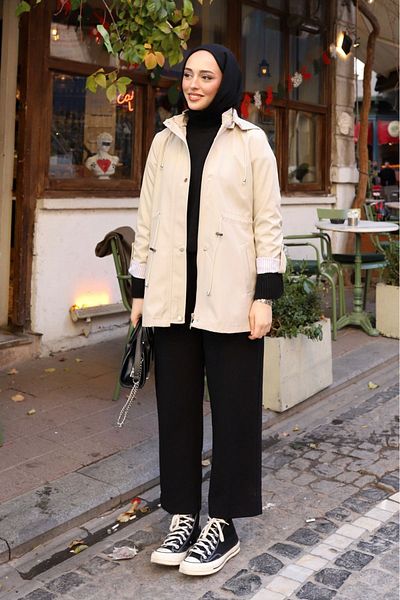 ALNİSS COLLECTİON Ριγέ κοντό Trench με λεπτομέρεια διπλώματος - Αποσπώμενη κουκούλα
