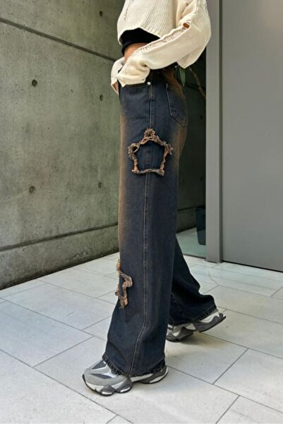 Karakedi Street Style Dark Navy Star Wash Baggy Jeans