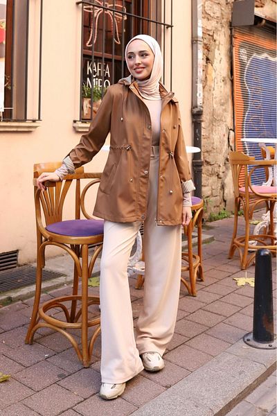 ALNİSS COLLECTİON Ριγέ κοντό Trench με λεπτομέρεια διπλώματος - Αποσπώμενη κουκούλα