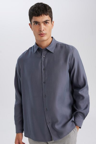 DeFacto Relax Fit Polo γιακά Twill Modal Blended Basic μονόχρωμο μακρυμάνικο πουκάμισο D3376ax24au