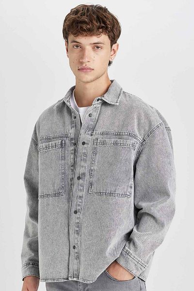 DeFacto Übergroßes, weit geschnittenes Baumwoll-Jeans-Langarmshirt D0449ax24au