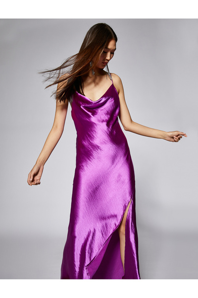 Koton Satin-Abendkleid mit langem Schlitz und Rüschenausschnitt