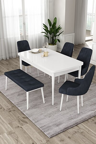 Canisa Eta Serisi 80x132 Mdf Beyaz Açılabilir Masa 4 Antrasit Sandalye 1 Bench Mutfak Masası Takımı