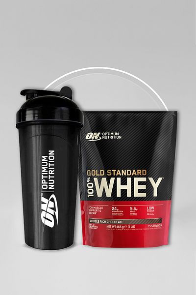 Optimum Nutrition 2-Piece Shaker Kit with 100% Whey Gold Standard Chocolate Flavor 465g - 15 Serving Set