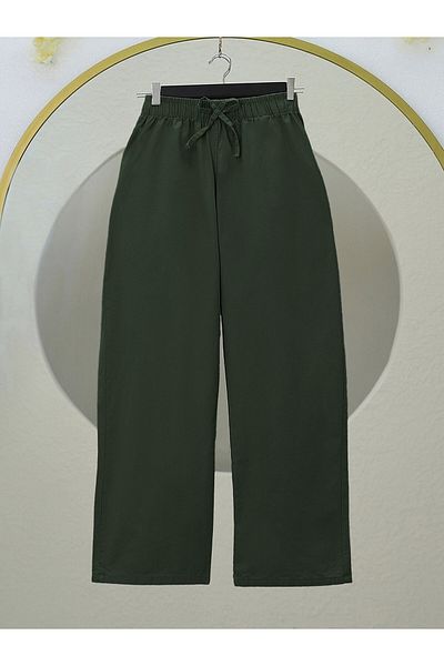 Modamorfo Lace Detailed Wide Leg Elastic Waist Linen Trousers - Khaki