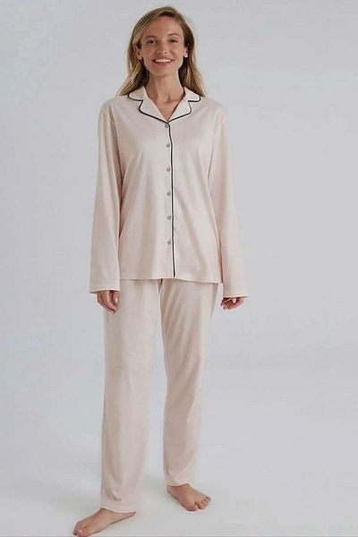 Eros Pijama Women's Cotton Ribbed Shirt and Pajamas Set - Front Button, Boxed