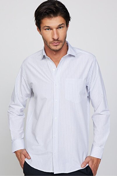 Tudors Klasik Fit Uzun Kollu Ince Çizgili Pamuklu Kravatlık Yaka Erkek Beyaz Gömlek