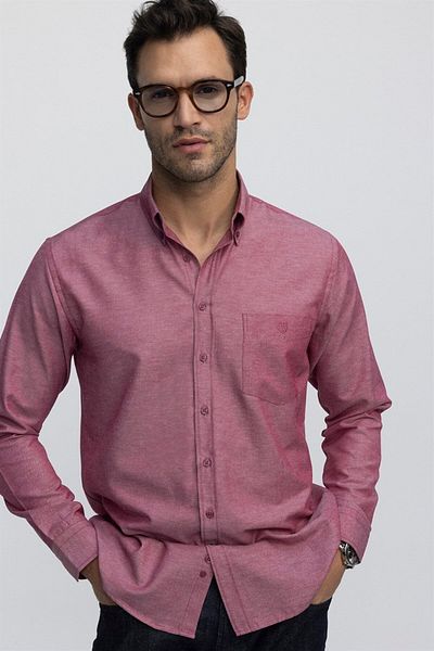 Tudors Men's Regular Fit Classic Cut Oxford Texture Lapel Button Pocket Embroidered Red Shirt