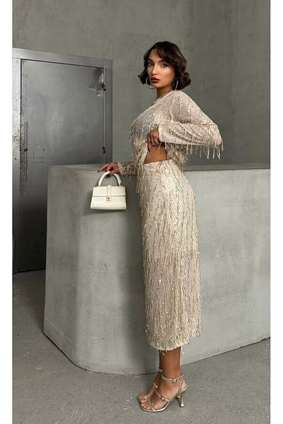 TOPSHOW Feather Sequin Long Skirt