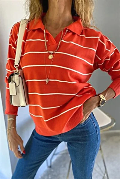 winterclup Women's Polo Neck Striped Seasonal Knitwear Sweater