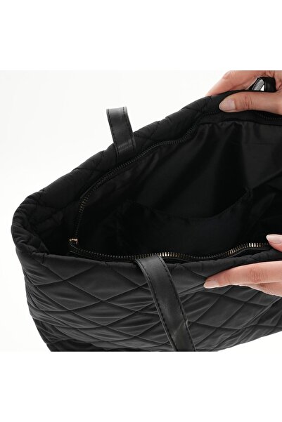 WITH-W Kadın Orjinal, Fermuarlı, Geniş Hacimli Kapitoneli Kumaş Omuz Çantası