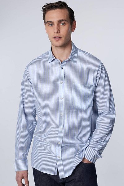 Tudors White Striped Classic Fit Men's Shirt - 100% Cotton Linen, Long Sleeve, Button Collar