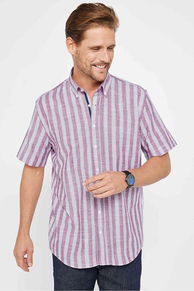 Tudors Ανδρικό ριγέ πουκάμισο Classic Fit - Κοντό μανίκι, 100% βαμβακερό λινό