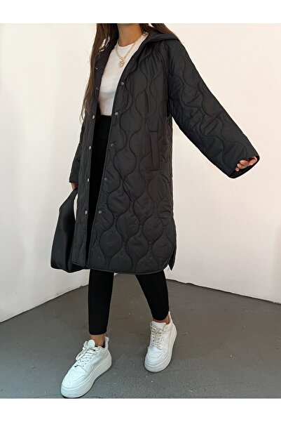 Modamorfo Hooded Honeycomb Pattern Snap Coat