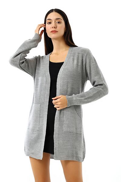Devinka Cardigan gri din tricot cu buzunar cangur pentru femei