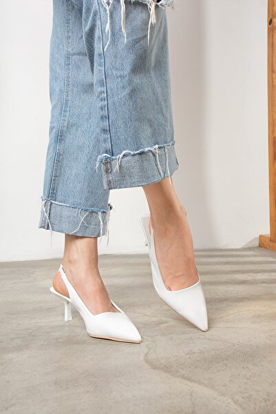 Nstil Daily Women's White Pointed Toe Flat Patternless Open Back Heeled Zara Model Evening Dress Shoes 101a