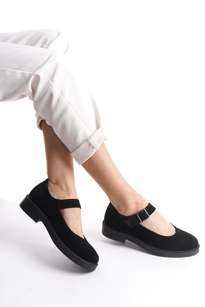 GNS Shoes Balerin Genuine Leather Black Suede Women's Shoes