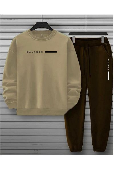 NO 601 Men's Beige Balance Printed Crew Neck Brown Tracksuit Set