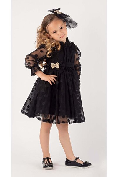 Mnk İri Puanlı Dantel Kız Çocuk Elbise SİYAH