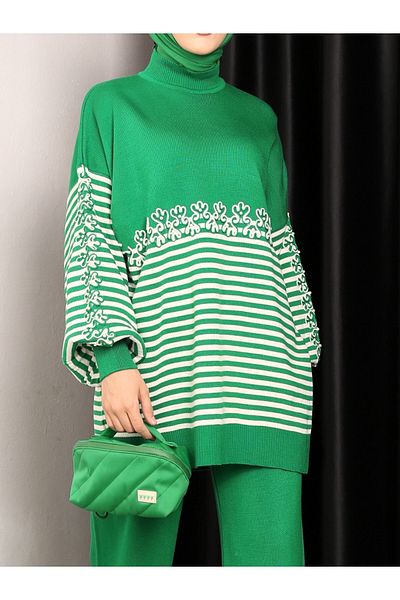 Modamorfo Süzene Embroidered Striped Knitwear Tunic - Green