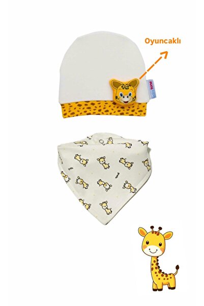 Lumos Trade Unisex Bebek Çift Katlı Fular Mama Önlüğü ve Oyuncaklı Bere Takım...