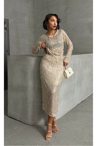 TOPSHOW Feather Sequin Long Skirt