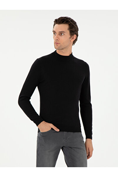 Cacharel Siyah Slim Fit Kaşmir İpek Karışımlı Çeyrek Balıkçı Yaka Triko Kazak 50296503-VR046